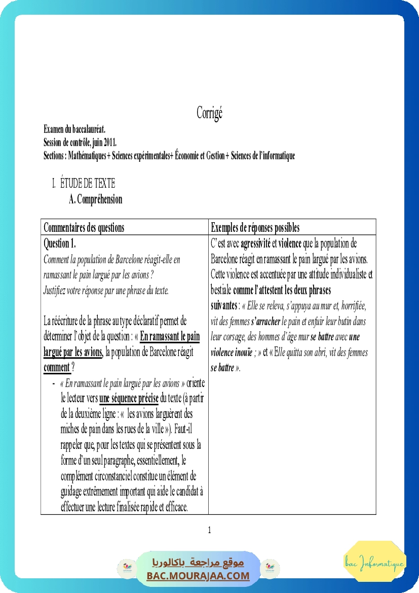 Corrigé controle francais Bac 2011 – Section info